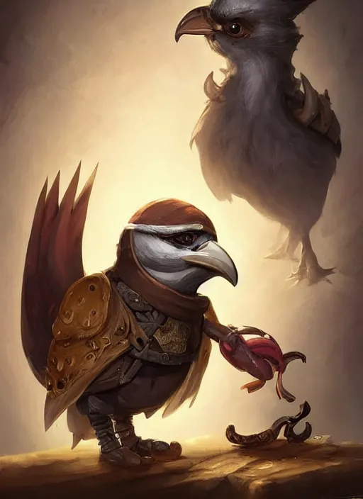 Prompt: cute little anthropomorphic rockfowl bandit wearing Karrus's shroud, tiny, small, miniature animal, baby animal, short, pale black armor, cute and adorable, pretty, beautiful, DnD character art portrait, matte fantasy painting, DeviantArt Artstation, by Jason Felix by Steve Argyle by Tyler Jacobson by Peter Mohrbacher, cinematic lighting