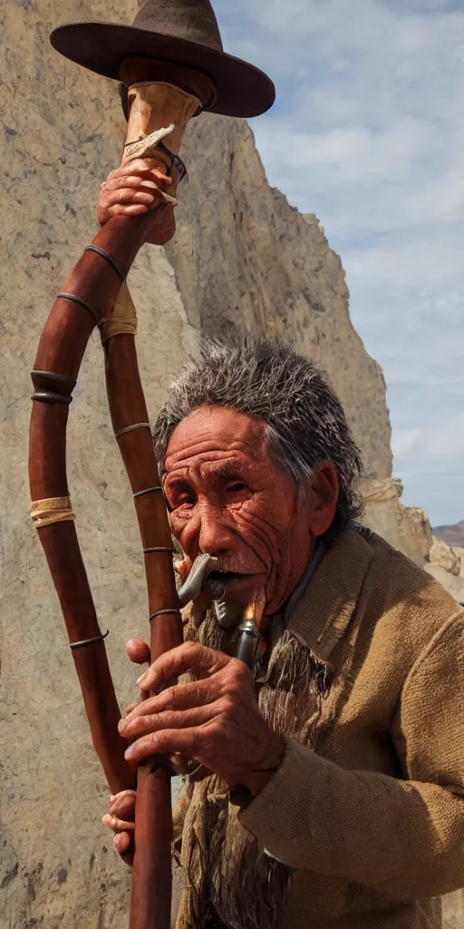 Image similar to Bolivian old man playing a quena wind instrument, unreal 5, hyper realistic, realistic, photo realistic, dynamic lighting, highly detailed, cinematic landscape, studio landscape, studio lighting