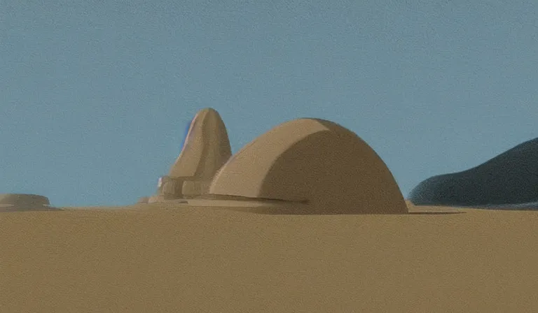 Prompt: A serene landscape with a singular building in the style of Ralph McQuarrie.