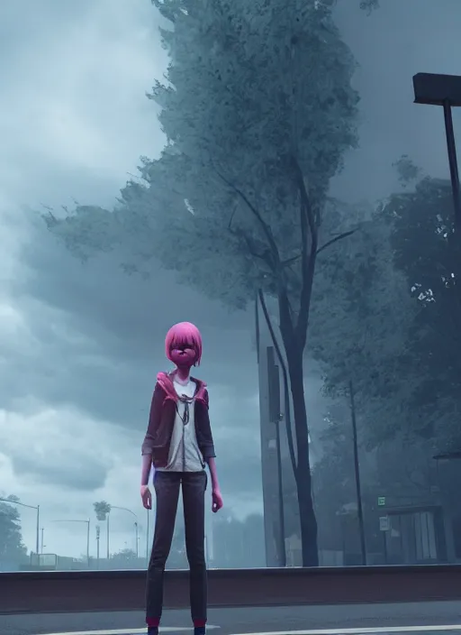 Prompt: undead girl standing on a bus stop ; unreal engine ; wide angle ; highly detailed