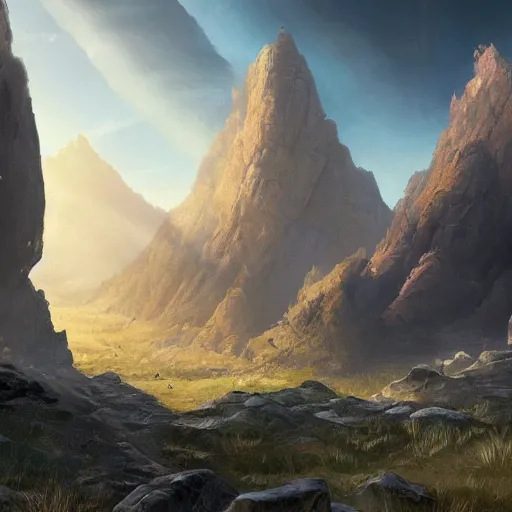 Image similar to The Sci-Fi stone landscape with large mountains in the background, wallpaper d&d art, fantasy, painted, 4k, high detail, sharp focus