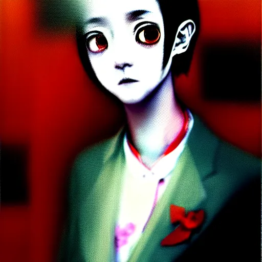 Image similar to yoshitaka amano blurred and dreamy realistic three quarter angle portrait of a young woman with short hair and black eyes wearing office suit with tie, junji ito abstract patterns in the background, satoshi kon anime, noisy film grain effect, highly detailed, renaissance oil painting, weird portrait angle, blurred lost edges