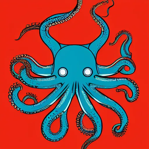 Image similar to cyborg octopus symmetrical colour acrylic painting, coloured, digital art, minimal geometric, vector art