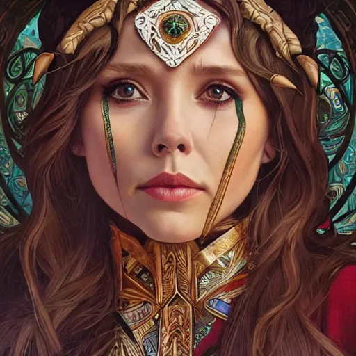 Image similar to Elizabeth Olsen as a elf archer, cute, fantasy, intricate, elegant, highly detailed, centered, digital painting, artstation, concept art, smooth, sharp focus, illustration, art by artgerm and H R Giger and alphonse mucha