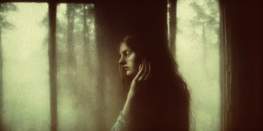 Image similar to portrait bust of young woman, tired expression, faded color film, russian cinema, tarkovsky, kodachrome, inside old cabin, next to window, heavy forest outside, long brown hair, old clothing, heavy fog, brown color palette, hudson river school, 4 k, dramatic lighting, greg rutkowski