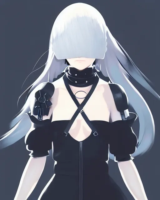 Image similar to 2 b from nier automata, black blindfold, gem, detailed perfect face, exquisite details, mid view, design on a white background, by studio muti, greg rutkowski makoto shinkai takashi takeuchi studio ghibli