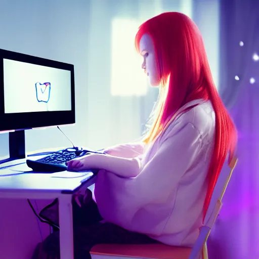 Prompt: photo of cute young redhead girl gaming at her desk in bedroom, rgb led, soft round face, dslr, wlop, artgerm, ultra realistic, trending on artstation, perfect lighting, high contrast, bokeh, sharp details, hasselblad, detailed
