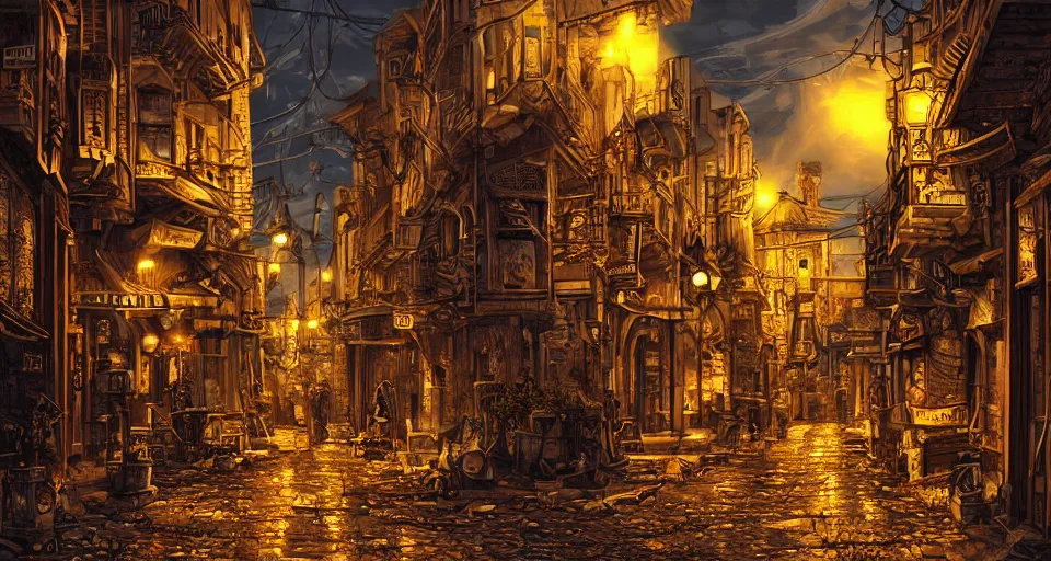 Prompt: steampunk city streets at night by guido borelli da caluso, junk everywhere, wires hanging, steam, trending on artstation