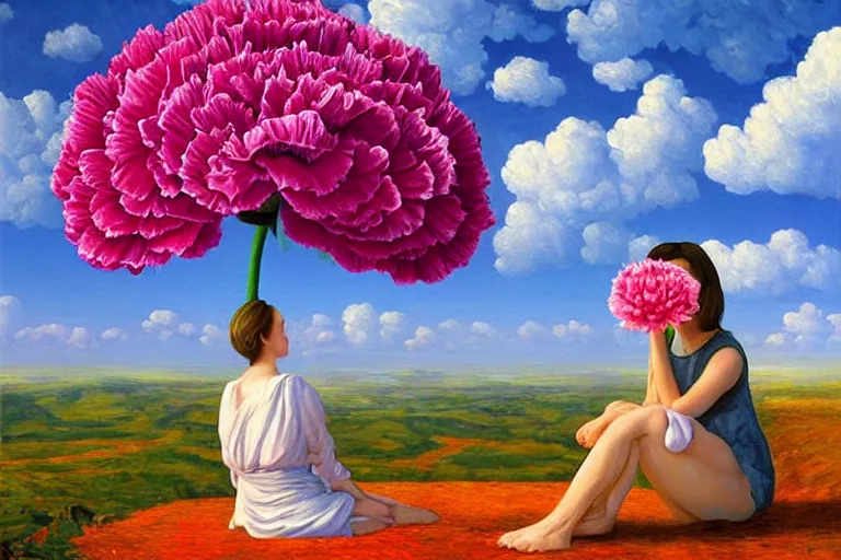 Prompt: giant carnation flower head, woman sitting, surreal, clouds in sky, impressionist painting, digital painting, artstation, rob gonsalves