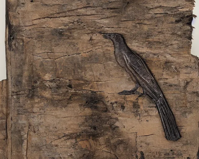 Prompt: a history textbook page that's showing 'wooden table holding ancient effigy of a raven', clay sculpture, photograph, zoomed out, trending on tumblr