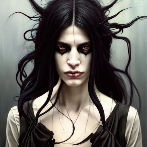 Prompt: portrait painting of an androgynous witch with shoulder length flowing black hair pale skin and beautiful dark brown eyes wearing a punk clothes, ultra realistic, concept art, intricate details, eerie, highly detailed, photorealistic, octane render, 8 k, unreal engine. art by artgerm and greg rutkowski and magali villeneuve and alphonse mucha