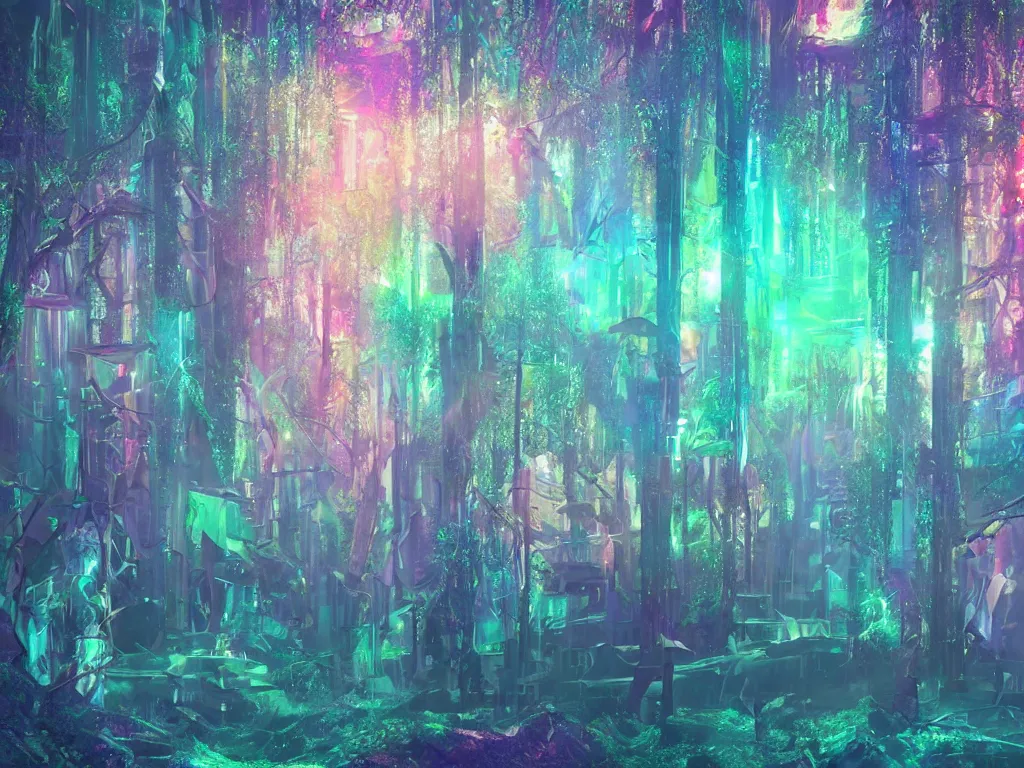 Prompt: mystical colorful cyberpunk forest with a clear blue lake in a clearing where an abstract nebula crystal sculpture is floating above it, powerful, ethereal, vaporwave