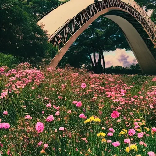 Image similar to somali friends, vintage, studio ghibli, field of flowers, city bridge, beautiful, happy, dreamy, pastel