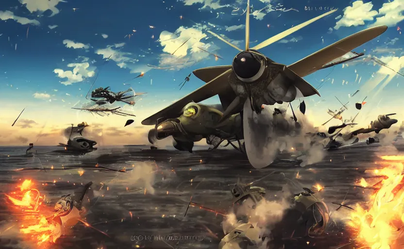 Image similar to Battle of Midway by Makoto Shinkai, cyborgs, futuristic, steampunk, Magic