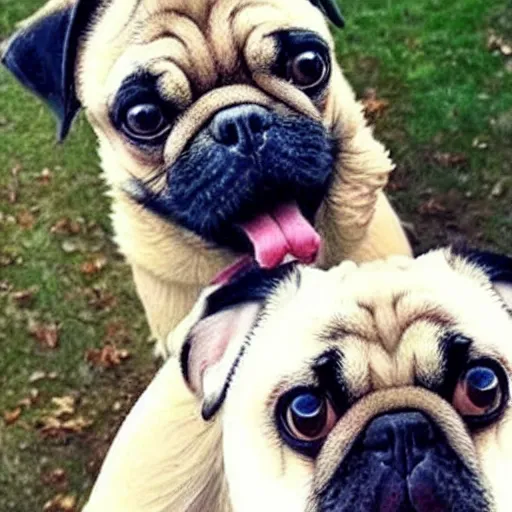 Image similar to pug dog and borzoi dog swap noses, funny dog photo, beautiful, strange