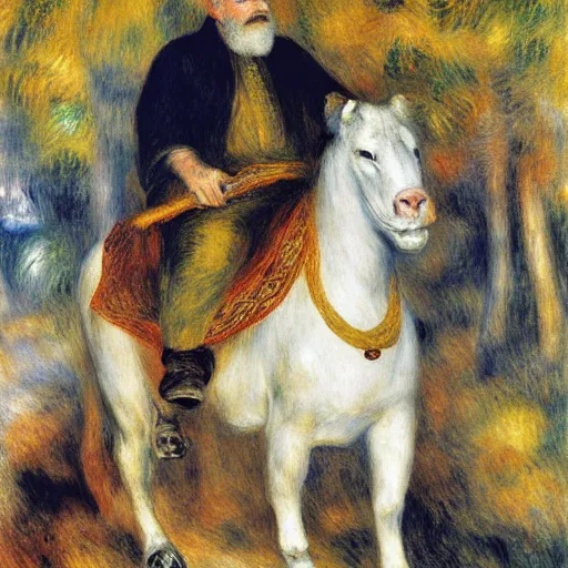 Image similar to old man ( wise long white beard wearing a hooded tunic ) riding on lions back by renoir