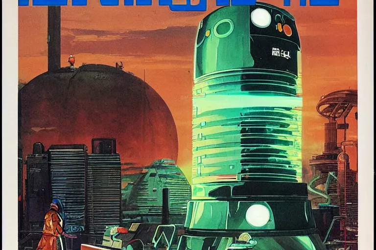 Prompt: 1979 OMNI Magazine Cover depicting a large Android emerging from a vat next to a large power generator. Cyberpunk Akira style by Vincent Di Fate