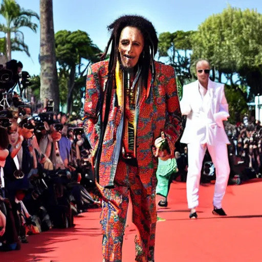 Image similar to bob Marley wearing Gucci outfit and walking on Canne festival red carpet