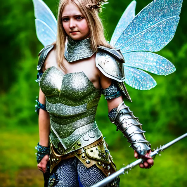 Prompt: full body photo of a fairy warrior wearing sparkly armour, highly detailed, 4 k, hdr, smooth, sharp focus, high resolution, award - winning photo