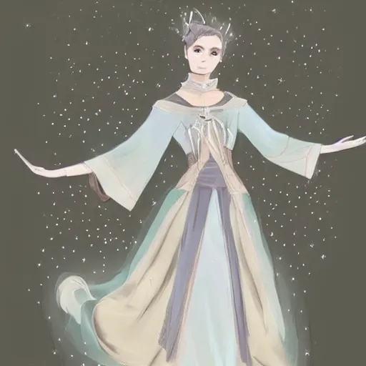 Prompt: concept art for a LARP costume, long layered robes decorated with constellation patterns, light pastel color scheme, long sleeves, elegant, graceful, serene, refined, poised, focused, subtle, poise
