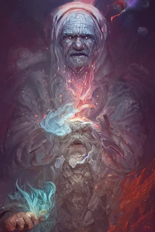 Image similar to the look of an elderly person, necromancer, witch - doctor covered with ice exploding into fire, full of wrinkles and imperfections, electricity highly detailed, high contrast, light reflection, trippy, nebula, trending on artstation by artgem, by peter mohrbacher, by wlop, by ruan jia