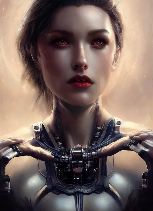 Image similar to a beautiful woman with cybernetic muscles, painted by artgerm and tom bagshaw, fantasy art, dramatic lighting, highly detailed oil painting