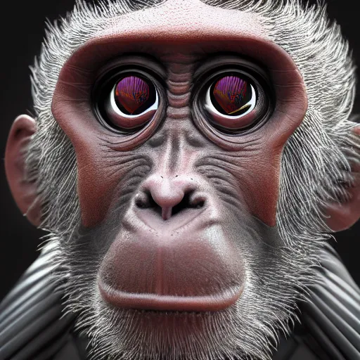 Prompt: Photography of ultra mega super hyper realistic detailed monkey by Hiromasa Ogura wearing cyberpunk style suit . Photo full lenght view on Leica Q2 Camera, Rendered in VRAY and DaVinci Resolve and MAXWELL and LUMION 3D, Volumetric natural light. Wearing cyberpunk suit with many details by Hiromasa Ogura .Rendered in VRAY and DaVinci Resolve and MAXWELL and LUMION 3D, Volumetric natural light