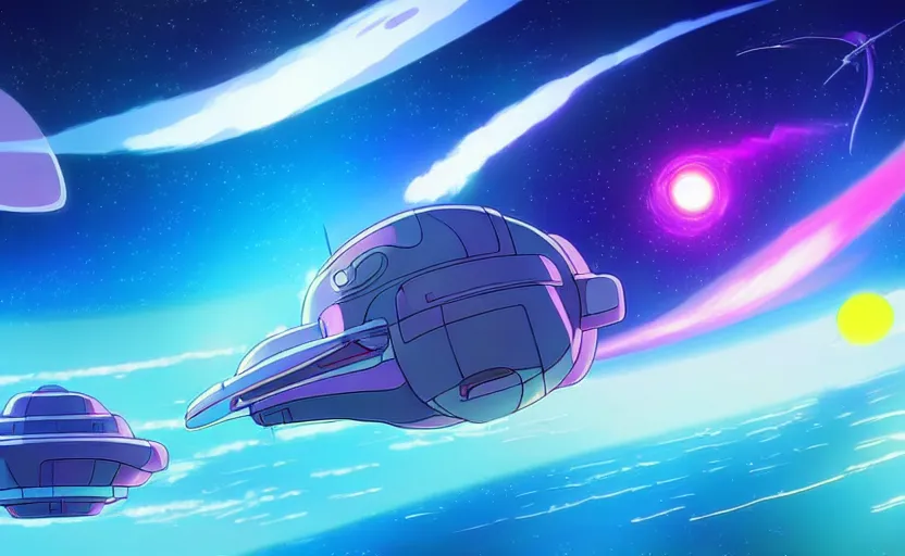 Prompt: a realistic cell - shaded studio ghibli concept art of futuristic spaceships travelling through a wormhole in colorful space, very dull colors, hd, 4 k, hq