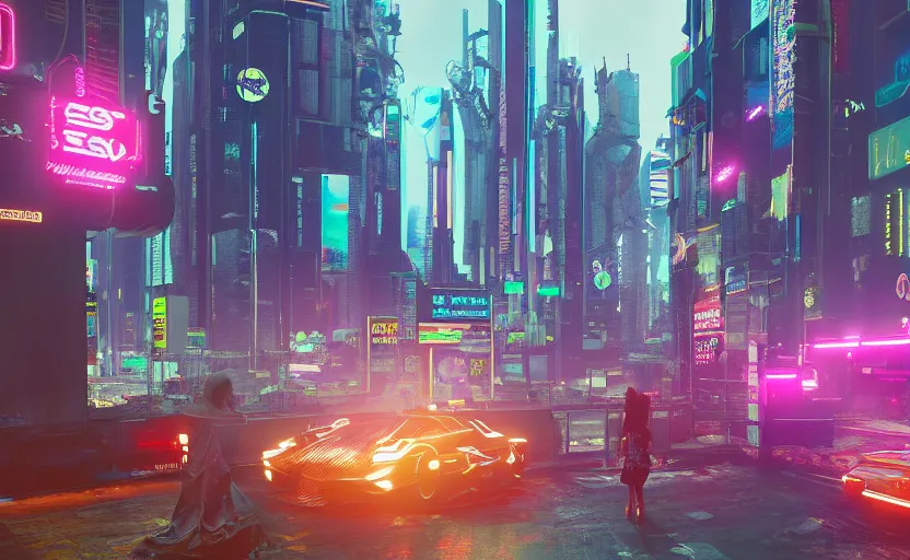 Image similar to woman that knows everything, but don't know what to do in cyberpunk 2 0 7 7 future city new york tokio, neon lights blurry, flying metro, highly detailed, 8 k render, trending on artstation, by huang guangjian