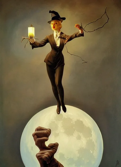 Prompt: surrealism, abstract, witch, portrait, close - up, make up, full big moon, painting by leyendecker, soft light