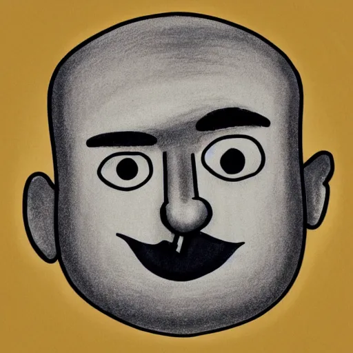 Image similar to hand - drawn minimalistic line portrait of bald man with round face, short beard, small round eyebrows, wide lips and kind blue eyes, black and white, pictogram, ink, pencil