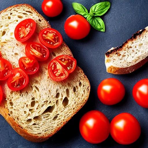 Prompt: a slice of fresh bread with tomato and jamon iberico on top and few cherry tomato artistically spread around, photo, macro, ad