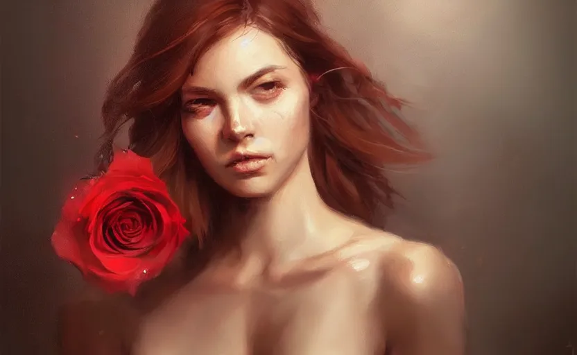 Image similar to a painting of virtualrose trending on artstation in the style of greg rutkowski, beautiful, sensuality, young female, sensual, natural skin, brown hair, red rose in hair