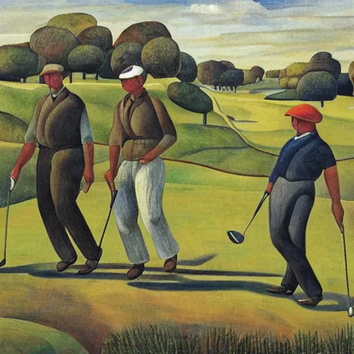 Image similar to Three golfers on a beautiful golf course, by Diego Rivera