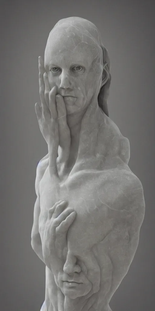 Prompt: weird marble statue close up in a dark room, creepy and eerie athmosphere, mist, godrays, photorealistic, hd,