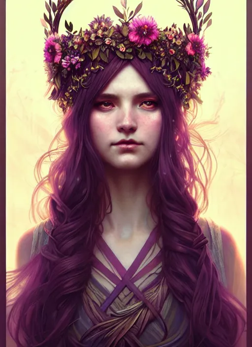 Image similar to a beautiful cinematic female druid goddess, flower Crown, galatic shamen with Quantum energy fantasy, fantasy magic, undercut hairstyle, dark light night, intricate, elegant, sharp focus, illustration, highly detailed, digital painting, concept art, matte, art by WLOP and Artgerm and Greg Rutkowski and Alphonse Mucha, masterpiece