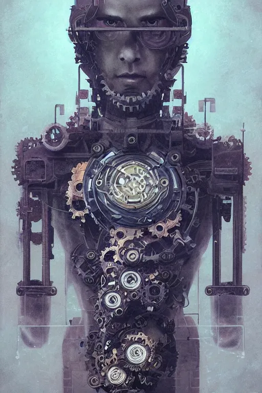 Prompt: portrait of a man made of a gears, by artgerm, tom bagshaw, gerald brom, vaporwave colors, lo fi colors, vaporwave, lo fi, moody vibe, goth vibe, 4 k, hd,