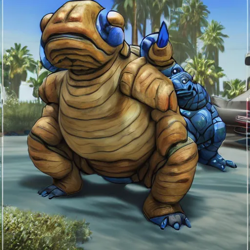 Image similar to Blastoise in the GTA 5 cover, highly detailed award-winning masterpiece with incredible and beautiful details, trending on ArtStation