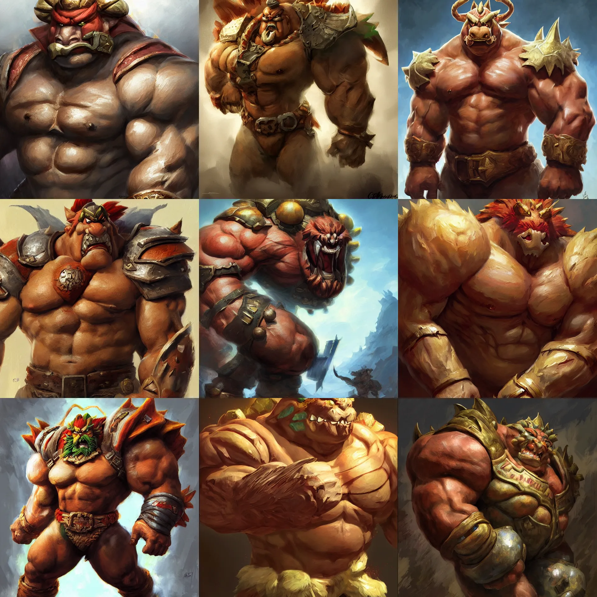 Prompt: digital art painting of muscular bowser from mario games, buffed, strong painted by craig mullins and gaston bussiere and greg rutkowski, dramatic lighting, symmetrical facial features, symmetrical face, defined facial features