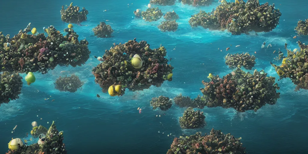 Image similar to clusters of housecrafts floating on a beautiful ocean, aquaculture seaweed farms, view from a boat, fusion of subnautica and star trek, by noriyoshi ohrai, beautifully detailed 4 k octane render, 4 k post processing