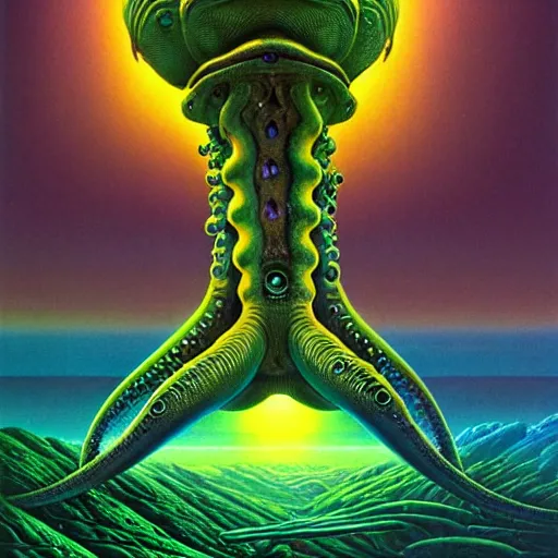 Image similar to highly detailed fantasy art of an alien cephalopod creature in a surreal landscape filled with mountains and mist, diffuse lighting by roger dean, kilian eng, mœbius