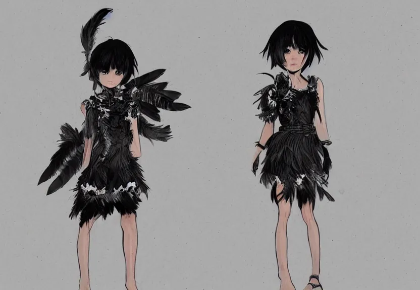 Image similar to little girl with a short black haircut wearing a dress made of black feathers, artwork in genshi impact art style, anatomically perfect