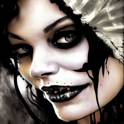 Image similar to beautiful portrait of vanessa hudgens as death from sandman, smiling, by cedric peyravernay, alphonse mucha, by jeremy mann, by lecouffe deharme, goth chic, soft lightning, eyeliner, punk rock, high detailed, 8 k