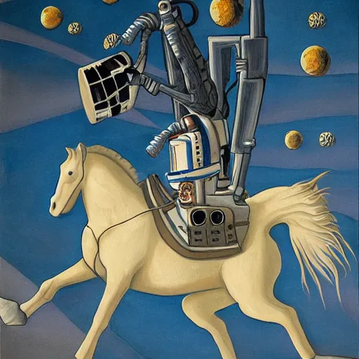 Image similar to the horse sat on the astronaut's head, on his back, style surrealism