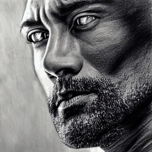 Prompt: portrait of dwayne johnson, black and white, intricate lines, high detailed, by bartosz kosowski