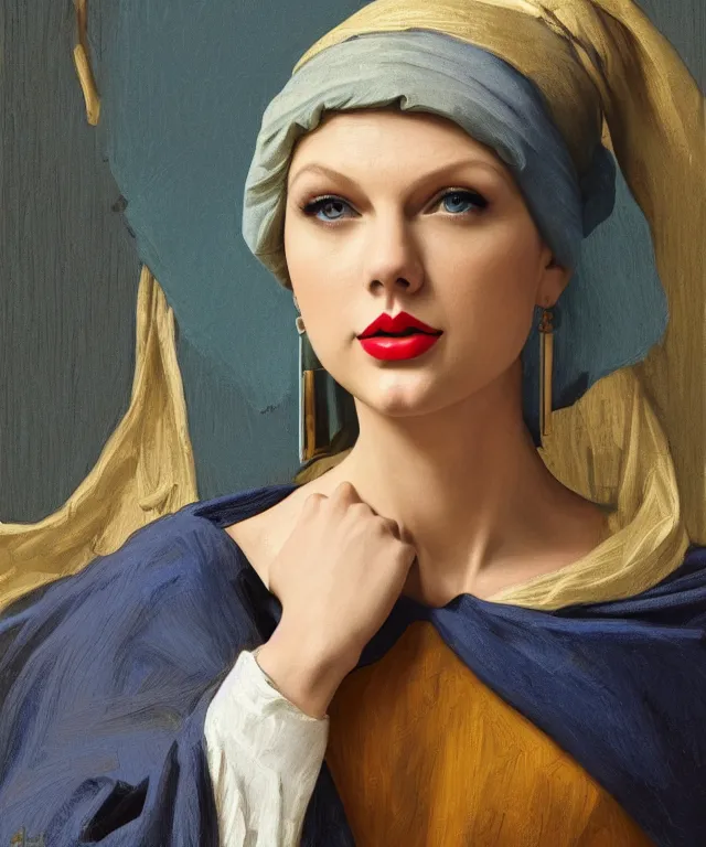 Image similar to Taylor Swift as the girl with the pearl earring, highly detailed, digital painting, artstation, concept art, smooth, sharp focus, illustration, ArtStation, art by artgerm and greg rutkowski and alphonse mucha and J. C. Leyendecker and Edmund Blair Leighton and Katsuhiro Otomo and Geof Darrow and Phil hale and Ashley wood and Ilya repin and Charlie Bowater