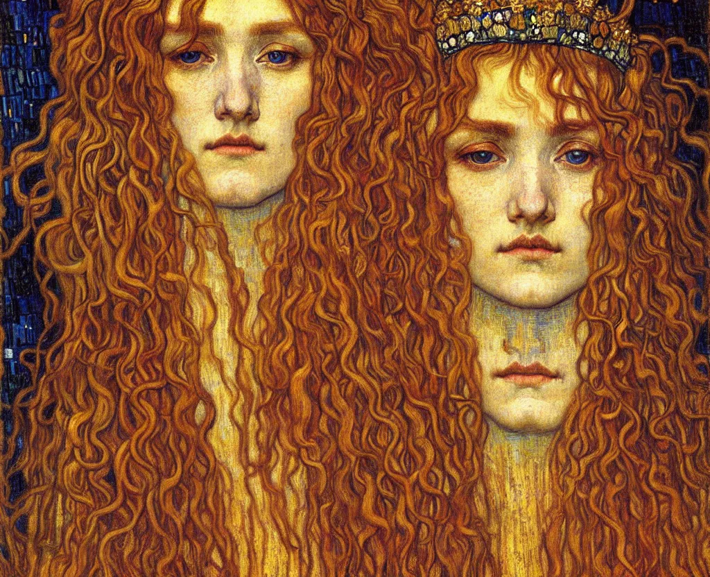 Image similar to detailed realistic beautiful young medieval queen face portrait by jean delville, gustav klimt and vincent van gogh, art nouveau, symbolist, visionary, gothic, pre - raphaelite, muted earthy colors, desaturated