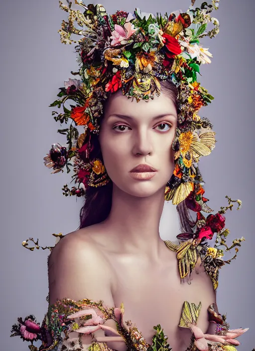 Image similar to full body environmental portrait photo of a young and beautiful female model, ornate headpiece made from flowers, ornaments, glamour shot by gemmy woud - binnendijk, chris knight, photorealistic, canon r 3, fashion photography, ornate, symmetrical features, octane render, unreal engine, solid dark background, clamp shell lighting, rim lighting