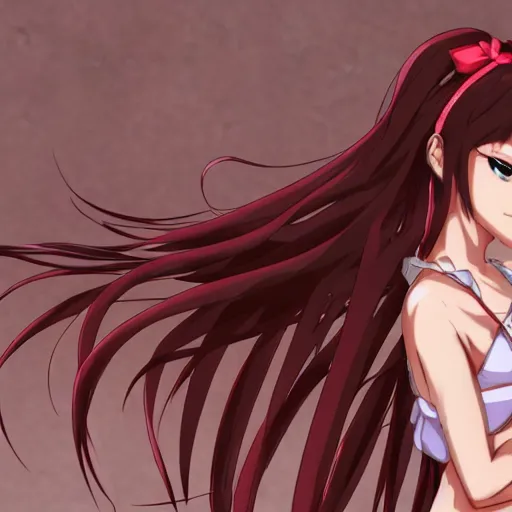 Prompt: An anime girl with extensively long coral brown hair that she keeps tied up in a high ponytail tied back with a large white bow, curled slightly at the ends, full body sprite, anime key frame