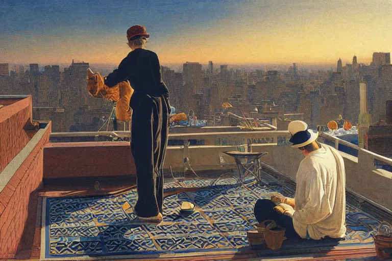 Image similar to painting of a diskjockey in a rooftop, watching new york, beautiful, sunset, romantic, by ludwig deutsch and maxfield parrish, patterned tilework, extremely detailed, cinematic lighting, smooth sharp focus